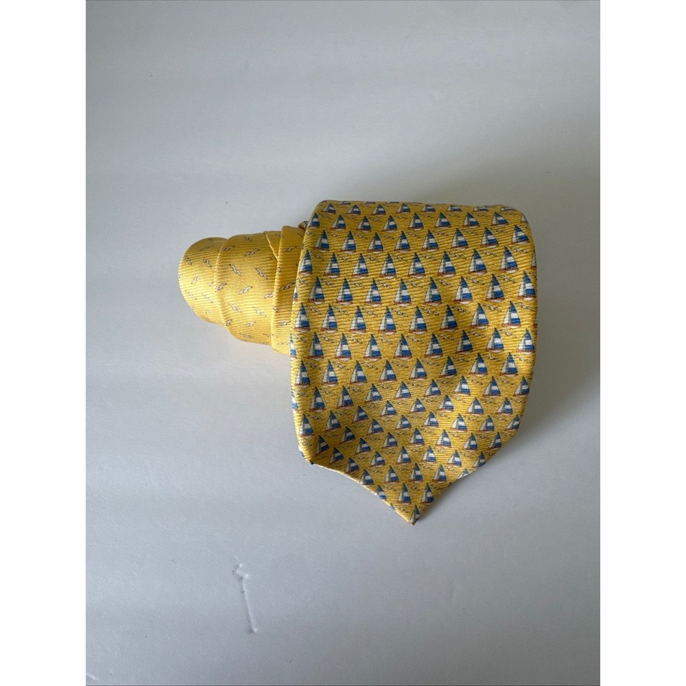 Tommy Hilfiger Silk Necktie Sailboat Print Yellow Blue Nautical